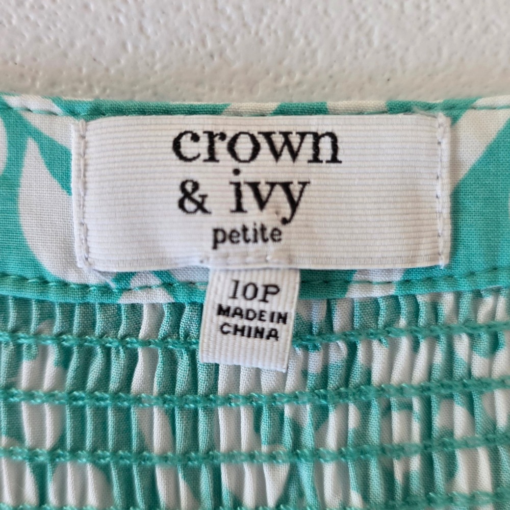 Crown & Ivy Dress Womens 10P Turquoise White Damask Cotton 3/4 Sleeve Pockets - Picture 12 of 13
